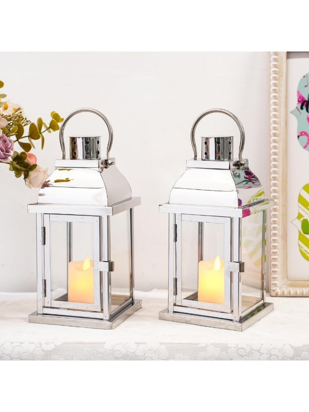 Set of 2 Silver Decorative Metal Candle Lanterns - 10'' High Home Decor Accent